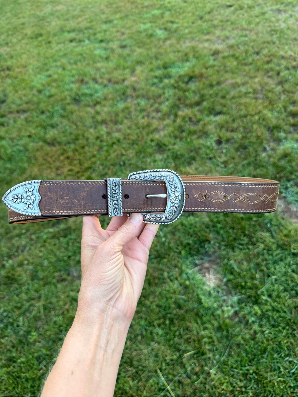 Ariat Brown Leather Western Belt with Silver Floral Buckle and Tip